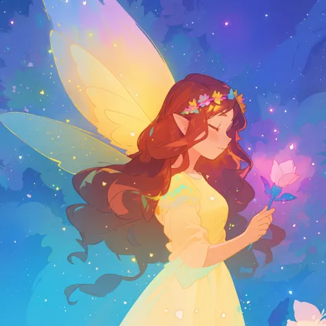 beautiful fairy girl in yellow flowing dress, long curly brown hair, colorful flower crown on her head, colorful fantasia background, large fairy wings, magical pink light, watercolor illustration, disney art style, glowing aura around her, glowing lights,...