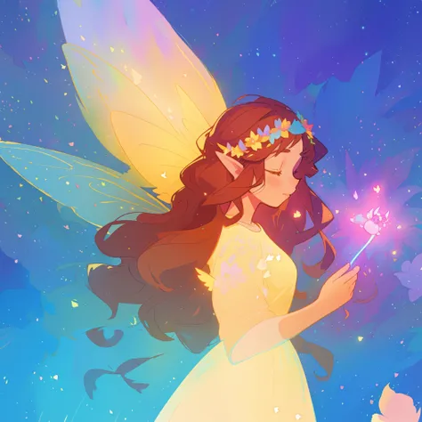 beautiful fairy girl in yellow flowing dress, long curly brown hair, colorful flower crown on her head, colorful fantasia background, large fairy wings, magical pink light, watercolor illustration, disney art style, glowing aura around her, glowing lights,...