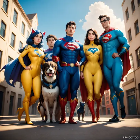 Estilo Pixar, Photo with a large blue and yellow building on written background "Prontodog" in front of the building. Create a group of 6 male and female veterinarians dressed as superheroes with flying capes, todos com roupas diferentes, Place dogs and ca...