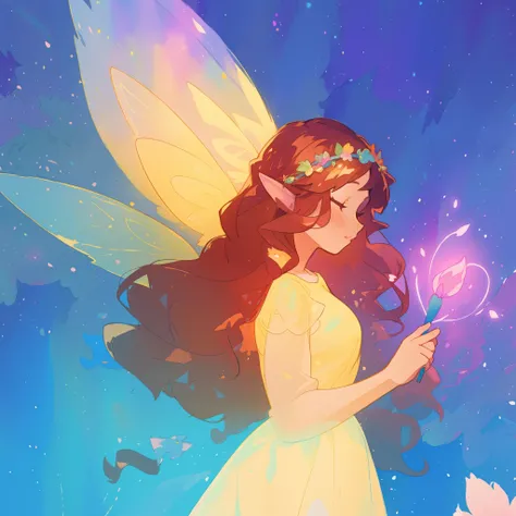 beautiful fairy girl in yellow flowing dress, long curly brown hair, colorful flower crown on her head, colorful fantasia background, large fairy wings, magical pink light, watercolor illustration, disney art style, glowing aura around her, glowing lights,...