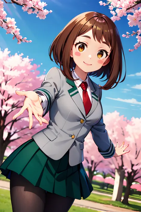 masterpiece, best quality, highres, hmochako, blush stickers, short hair, medium breasts. school uniform, green skirt, pleated s...