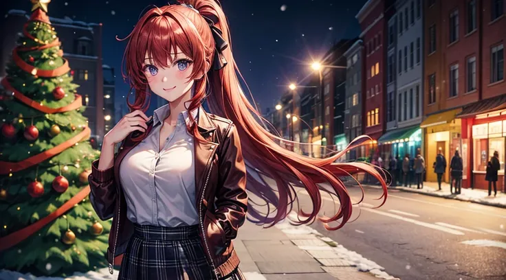 1girl, solo, full body, christmas, ((christmas tree)), street, night, lights, snow, giving gift, long hair, red hair, curly hair, ponytail, large breasts, button down, ((opened brown zipper jacket)), dark blue eyes, ((purple shirt)), checked shirt, ((unbut...