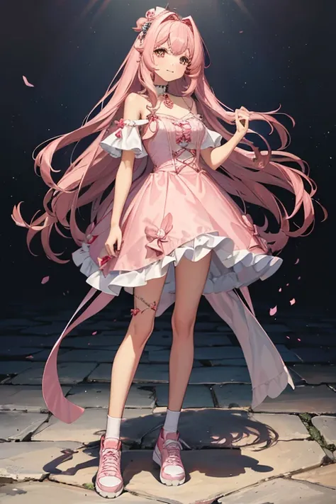 (faz uma menina com cabelo rosa e mecha preta, rosto fofo sorrindo, uma roupa rosa fofa vestido e tenis fofo tambem, orelha de gatinho)