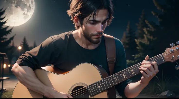 A boy with thin short beard playing acoustic guitar outdoor in full moon night ultra realistic 8k