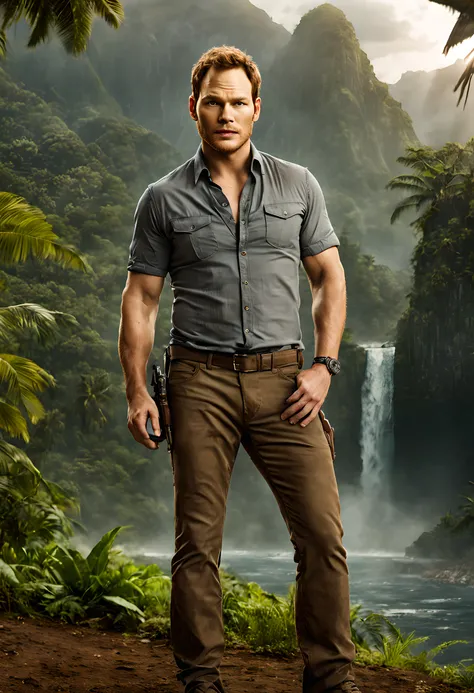 Schauspieler Chris Pratt als Owen Grady aus dem Film Jurassic World, partially unbuttoned shirt, tall and handsome, mittelstark behaarte Brust, dynamische Pose, selbstbewusstes Schmunzeln, Goldener Schnitt, professionelles Foto, 4K分辨率, full upper body in t...