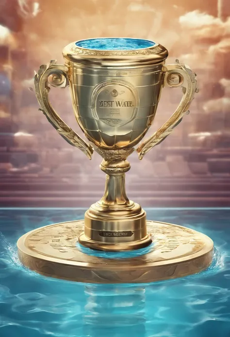 a trophy with "best water" written on it, floating in a pool of water