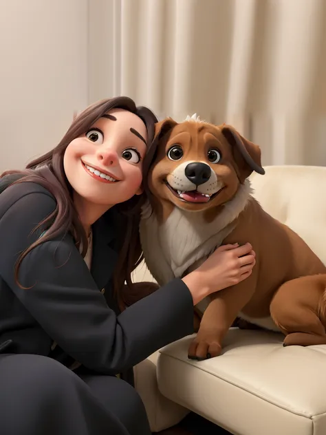 Obra-prima, de melhor qualidade, uma mulher sorrindo, Wearing a black coat sitting on the couch next to her dog