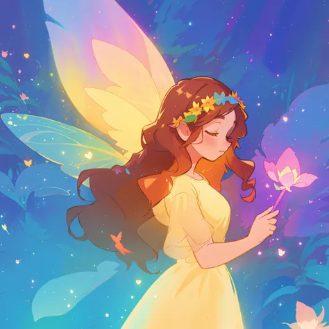 beautiful fairy girl in yellow flowing dress, long curly brown hair, colorful flower crown on her head, colorful fantasia background, large fairy wings, magical pink light, watercolor illustration, disney art style, glowing aura around her, glowing lights,...