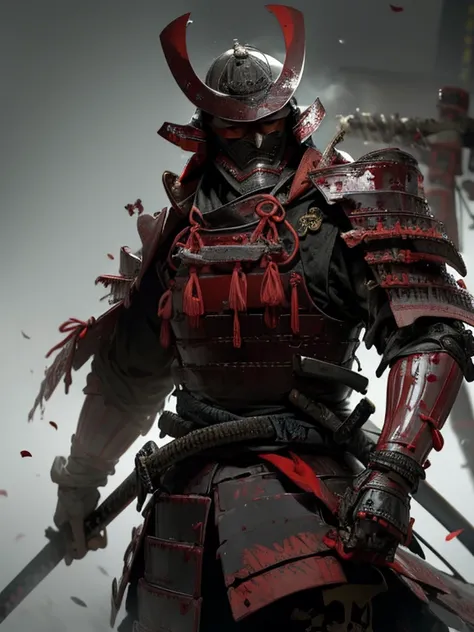 Fallen Samurai,embers,gloomy and creepy atmosphere,Red Samurai,dramatic  lighting,Cracked Red Armor, intricate details,A Lost Battle,Fading Glory,Ghostly Shadows,foggy background,Face under the mask,Majestic Helmet,A lonely figure,Rising smoke,Doomed Fate,...