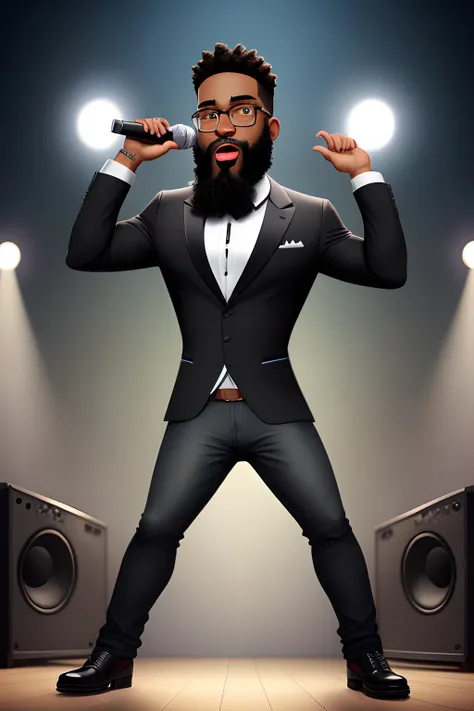 Personagem de desenho animado estilo Pixar, Black man with beard in a black suit dress jeans , falando em um microfone para algumas pessoas, ao fundo um palco com instrumentos musicais.