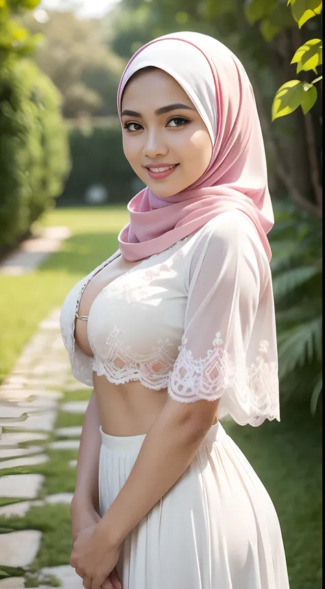 RAW, Best quality, high resolution, Masterpiece: 1.3), Beautiful Malay woman in hijab, Masterpiece, Perfect slim body, ((Big breasts)), Beautiful big eyes, Soft smile,Malay woman in hijap a white dress with small floral motifs and a pink shawl, wearing a w...