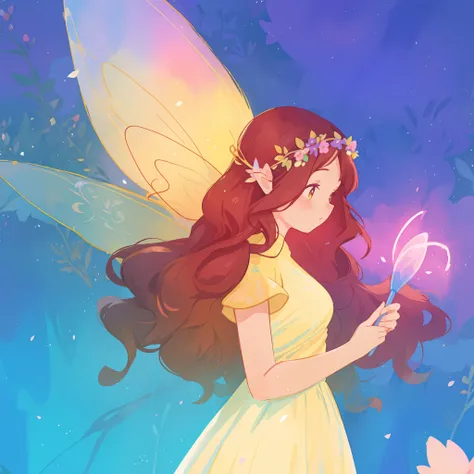 beautiful fairy girl in yellow flowing dress, long curly brown hair, purple-pink magical lights from her hands, colorful flower crown on her head, colorful fantasia background, large fairy wings, magical pink light, watercolor illustration, disney art styl...