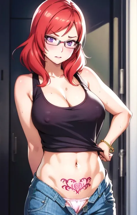 Nishikino maki, Purple eyes, red hair, lipstick,red tank top, denim pants,low waist pants, open pants, glasses, bracelet, cleavage, standing, realistic art, cowboy shot, sexy,toned stomach, embarrassed,sweaty,arms behind back, (undressing:1.2), (panties:1....