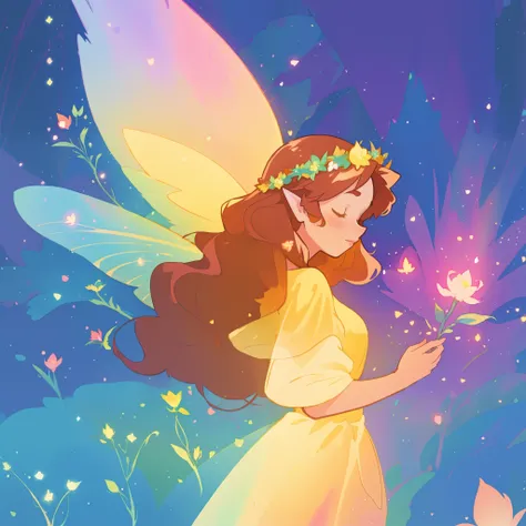 beautiful fairy girl in yellow flowing dress, long curly brown hair, colorful flower crown on her head, colorful fantasia background, large fairy wings, magical pink light, watercolor illustration, disney art style, glowing aura around her, glowing lights,...