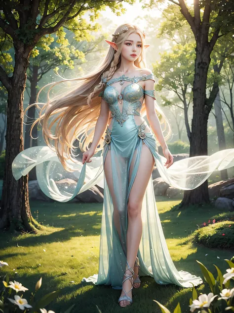 Graceful elven girl standing in meadow, Delicate face illuminated by the soft light of the setting sun. Her long, Flowing hair runs down your back, Decorated with intricate braids、Adorned with sparkling gemstones. This great photo is、、、It captures the ethe...