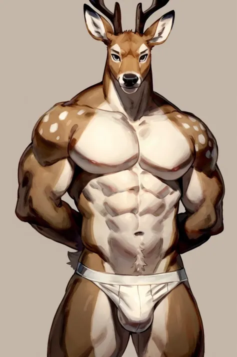 Furry, Anthro, Deer, Male, E621, Standing, Muscular, Hands behind back, Wearing underwear, Simple background, Front view, White skin, by buta99