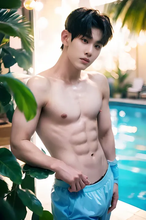 Arafade boy in hip blue boxer shorts, full-body-shot, Quiv haircut, look at camera, face detail, manly, Bad boy, Pool Background, sexy pose, Manaice Sex, perfect anatomy, Symmetrical body, Asian Boy Age 19 years, Shirtless :: high-detail, asian, sexualized...