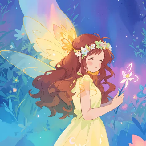 beautiful fairy girl in yellow puffy flowing dress, long curly brown hair, colorful flower crown on her head, colorful fantasia background, large glowing fairy wings, watercolor illustration, disney art style, glowing aura around her, glowing lights, beaut...