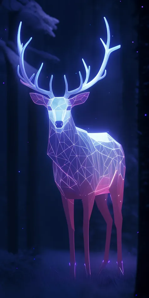 a close up of a deer with glowing antlers in a forest, 3d digital art 4k, digital art animal photo, digital artwork 4 k, holographic creatures, 4k highly detailed digital art, 8k high quality detailed art, 4k detailed digital art, 8 k ultra realistic anima...