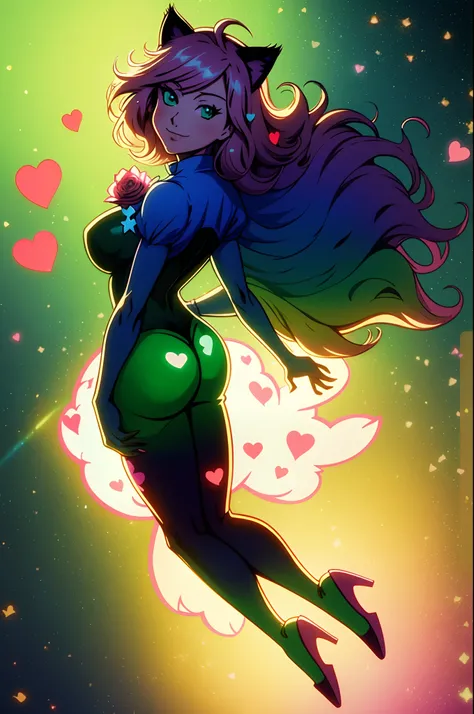 1980s anime milf,kawaii,cartoonish female,Arizona green tea color palette,cat/foxgirl,petals,hearts,slight smile,full body,floating,star background,particles,spectral,glowing,2.5D,rainbow,(silhouette lighting:1.3),backlighting