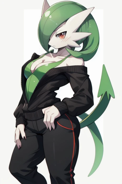 masterpiece, best quality, full body, Solo, male focus, (androgynous), furry, pectorals, pectoral cleavage, muscular, sidepec, (wide hips), huge ass, ((Gardevoir)), ((pokemon)), (off-shoulder suit), (sweater crop top),