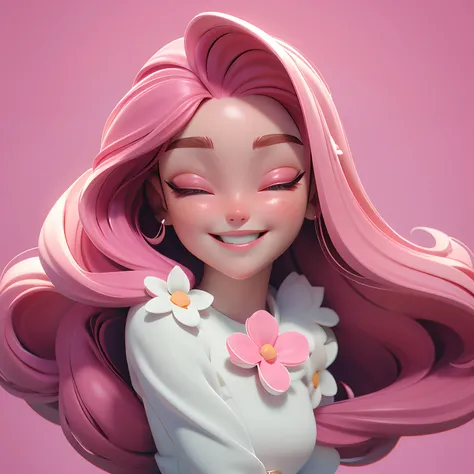 (Melhor Qualidade, Obra-Prima), 1girl, Pose, Vento, Flor, cabelos vermelhos com flores, sorriso encantador, Esquema de Cores Branco e Rosa, Fundo Simples, Olhe para o Espectador