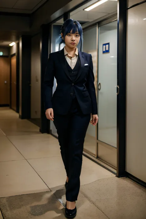 Twenty-years-old Japanese girl, attractive body, chubby body, blue hair and short. She wears formal clothes: tuxedo full black suit, pants, tie... She is walking inside a police station.