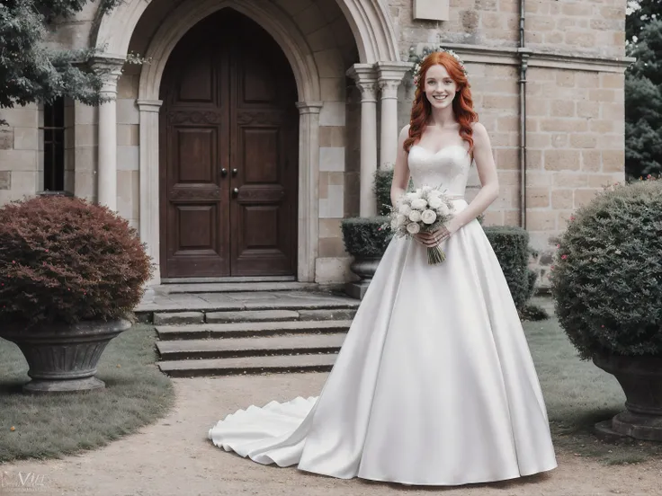 (full body shot editorial photo of 27 yo woman, red hair, slim French sweetheart), wearing a wedding dress, holding flowers, looking really happy, Blurred background in the grounds outside a church, high quality, good lighting, f1.2, Canon 85mm, perfect, d...