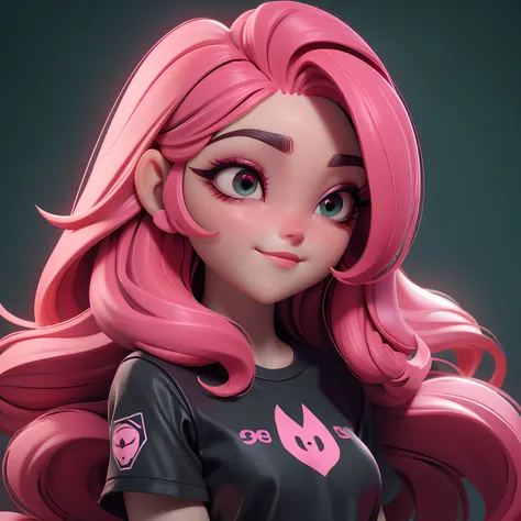 (melhor qualidade : 4k) 3D face pattern, menina doce e delicada, Com cabelos longos vermelhos maquiagem preta, long eyeslashes,camiseta rosa,olhos verdes,cabelos ruivos