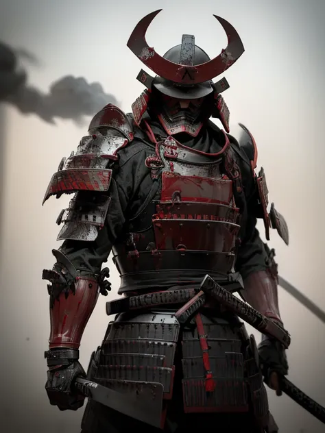 Fallen Samurai,embers,gloomy and creepy atmosphere,Red Samurai,dramatic  lighting,Cracked Red Armor, intricate details,A Lost Battle,Fading Glory,Ghostly Shadows,foggy background,Face under the mask,Majestic Helmet,A lonely figure,Rising smoke,Doomed Fate,...