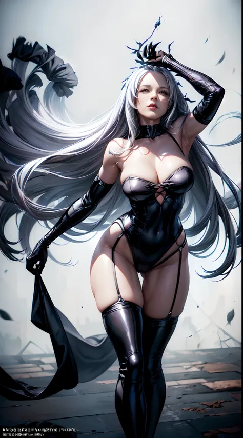 ((Felicia Hardy as the Black cat from Marvel Comics with long white hair )) (spider web background). artwork by luis Royo. pefect Render, perfect Quality, hyper complex design, 8k resolution, full body in frame, unreal engine 5. brush stroke effect ( airbr...