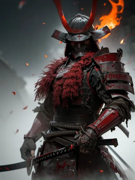 Fallen Samurai,embers,gloomy and creepy atmosphere,Red Samurai,dramatic  lighting,Cracked Red Armor, intricate details,A Lost Battle,Fading Glory,Ghostly Shadows,foggy background,Face under the mask,Majestic Helmet,A lonely figure,Rising smoke,Doomed Fate,...