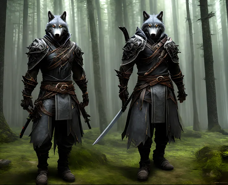 Bipedal wolf warrior dark cloak, black armor, sniper rifle, katana and wakizashi, dark aura, ancient dark forrest