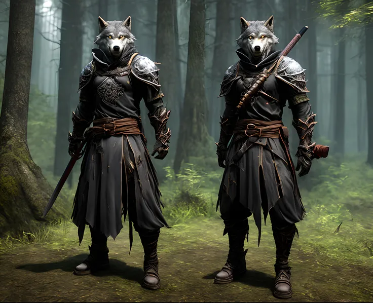 Bipedal wolf warrior dark cloak, black armor, sniper rifle, katana and wakizashi, dark aura, ancient dark forrest