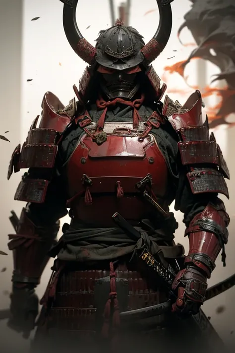 Fallen Samurai,embers,gloomy and creepy atmosphere,Red Samurai,dramatic lighting,Cracked Red Armor, intricate details,A Lost Battle,Fading Glory,Ghostly Shadows,foggy background,Face under the mask,Majestic Helmet,A lonely figure,Rising smoke,Doomed Fate,G...