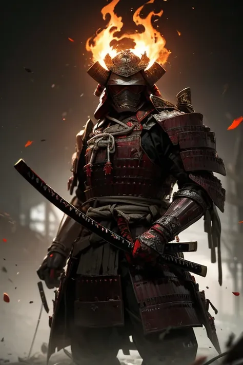 Fallen Samurai,embers,gloomy and creepy atmosphere,Red Samurai,dramatic lighting,Cracked Red Armor, intricate details,A Lost Battle,Fading Glory,Ghostly Shadows,foggy background,Face under the mask,Majestic Helmet,A lonely figure,Rising smoke,Doomed Fate,G...