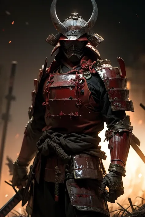 Fallen Samurai,embers,gloomy and creepy atmosphere,Red Samurai,dramatic lighting,Cracked Red Armor, intricate details,A Lost Battle,Fading Glory,Ghostly Shadows,foggy background,Face under the mask,Majestic Helmet,A lonely figure,Rising smoke,Doomed Fate,G...