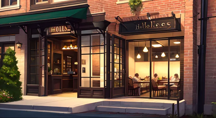 A restaurant with brick walls and big windows, outside dining and the restaurant title on the front that says “Holleys Hollow”