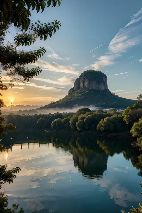 The scene begins with a wide skyline bathed in the golden hues of a stunning sunset. The sky is filled with whitish clouds, criando uma paleta de cores que varia de azul claro a tons quentes de laranja e vermelho.

No primeiro plano, There is lush and dive...