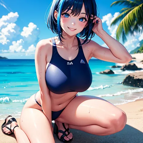 1 girl, blue hair, blue eyes, 2 piece swim suit, sandals, smiling seductive, beach, beutiful scenery, sea, sun, hand on chest, amazing detail, 8k, masterpiece, smiling, water gum, sweat, wet, full body, sticking out tongue, cum on face, hand in pants