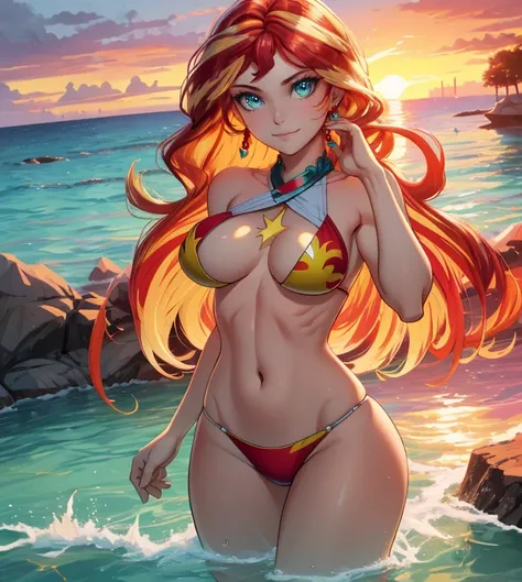 Sunsethuman, Sunset Shimmer, Sunset Shimmer from my little pony, Sunset Shimmer in the form of a girl, big breasts, lush breasts, voluminous breasts, firm breast, detailed hands, two tones of hair, red and yellow hair, pool, solo, one character, Swimsuit, ...