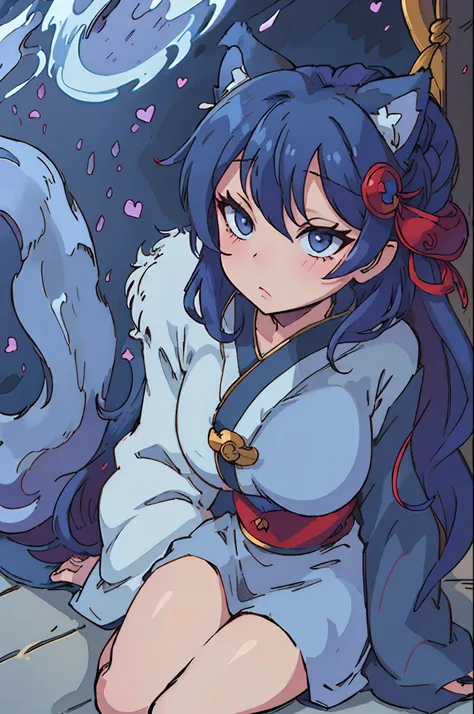 Milf kitsune, light dark blue hair, light dark blue fox ears, light dark blue fox tail, dark blue kimono, lap pov, pampering heart shaped eyes, cute