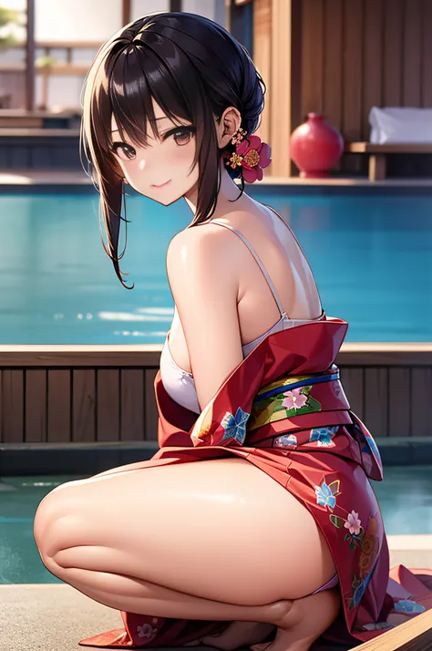 masutepiece, Best Quality, 1girl in、25 years old women, udder of medium size,, Curve, Perfect female body,Long Wave Hair、 Bright red kimono, Floral pattern, 鎖骨, off shoulders, Emphasis on the chest with a slouch、hot spring town,  Crouch Pose、Pink Panties