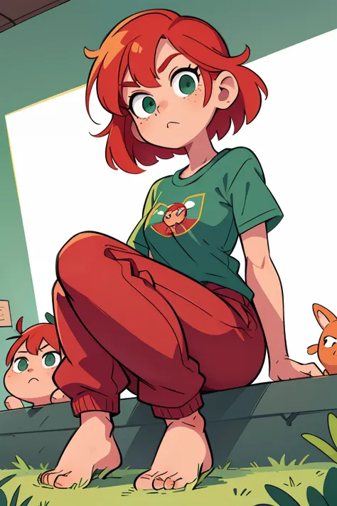 A  girl,redhead hair,square,shirt,School Pants,green colored eyes,freckles