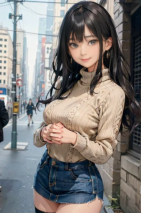 (Beige Turtleneck Knit)、Denim Mini Skirt、20 year old girl, breasts of medium size,, Puffy nipple、Forward bends with emphasis on the chest、Black hair、Long Wave Hair,in the city street, a necklace、Earring、knee high stockings、high-heels ((Very detailed)), Shy...