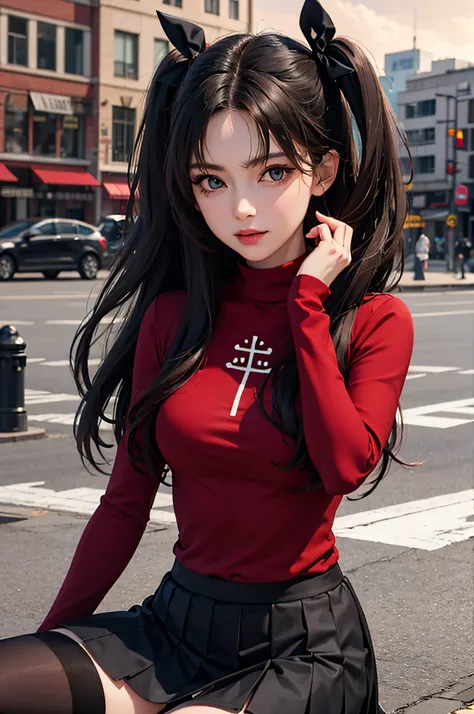 (masterpiece), best quality, expressive eyes, perfect face, 1girl, solo, rintohsaka, rin tohsaka, aqua eyes, black hair, hair ribbon, long hair, ribbon, sidelocks, two side up, black skirt, black thighhighs, long sleeves, miniskirt, pleated skirt, ((red sw...