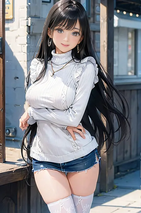 (White turtleneck knit)、Denim Mini Skirt、20 year old girl, breasts of medium size,, Puffy nipple、Forward bends with emphasis on the chest、Black hair、Long Wave Hair,in the city street, a necklace、Earring、knee high stockings、high-heels ((Very detailed)), Shy...