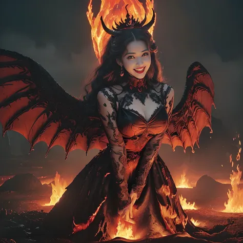 (((A large amount of lava flowing on the ground,Lava flowing in large quantities,Glowing lava))),((A very beautiful demon queen,Luxurious long dresses,Giant Devil Tiara,Big Princess Dresses,Final form as a complete demon,The Devils Masterpiece,Frightening ...