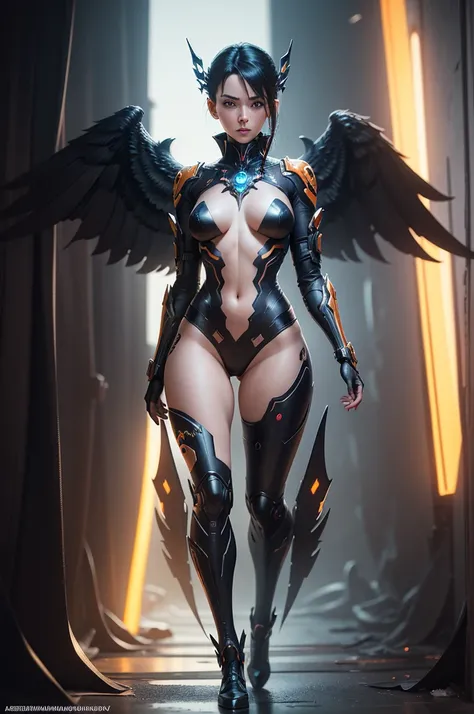 Amazing ideal figure a futuristic Bio-mechanical girl, Cyber ​​wings on your back, full body, dark sci-fi, pale skin, textured skin, black hair, blue eyes, perfect hands, pefect body, stylization by Cynthia Sheppard and Juan Gimenez, intricate unusual fant...