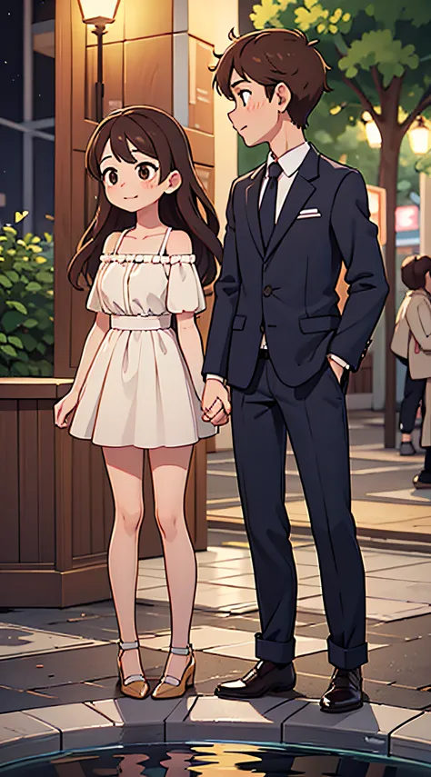 Guy with short brown hair. Girl with long brown hair and dress. Date on the street, Standing in the fountain, the night